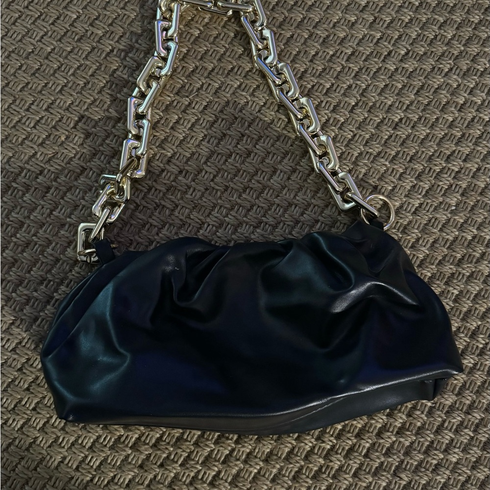 Chic Black Leather Bag with Gold Chain